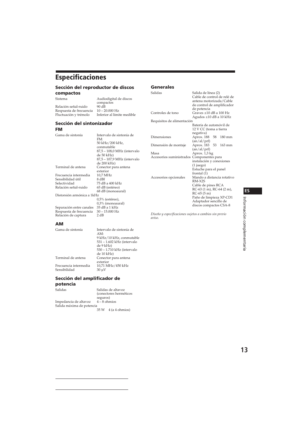 Especificaciones | Sony CDX-4160 User Manual | Page 27 / 32