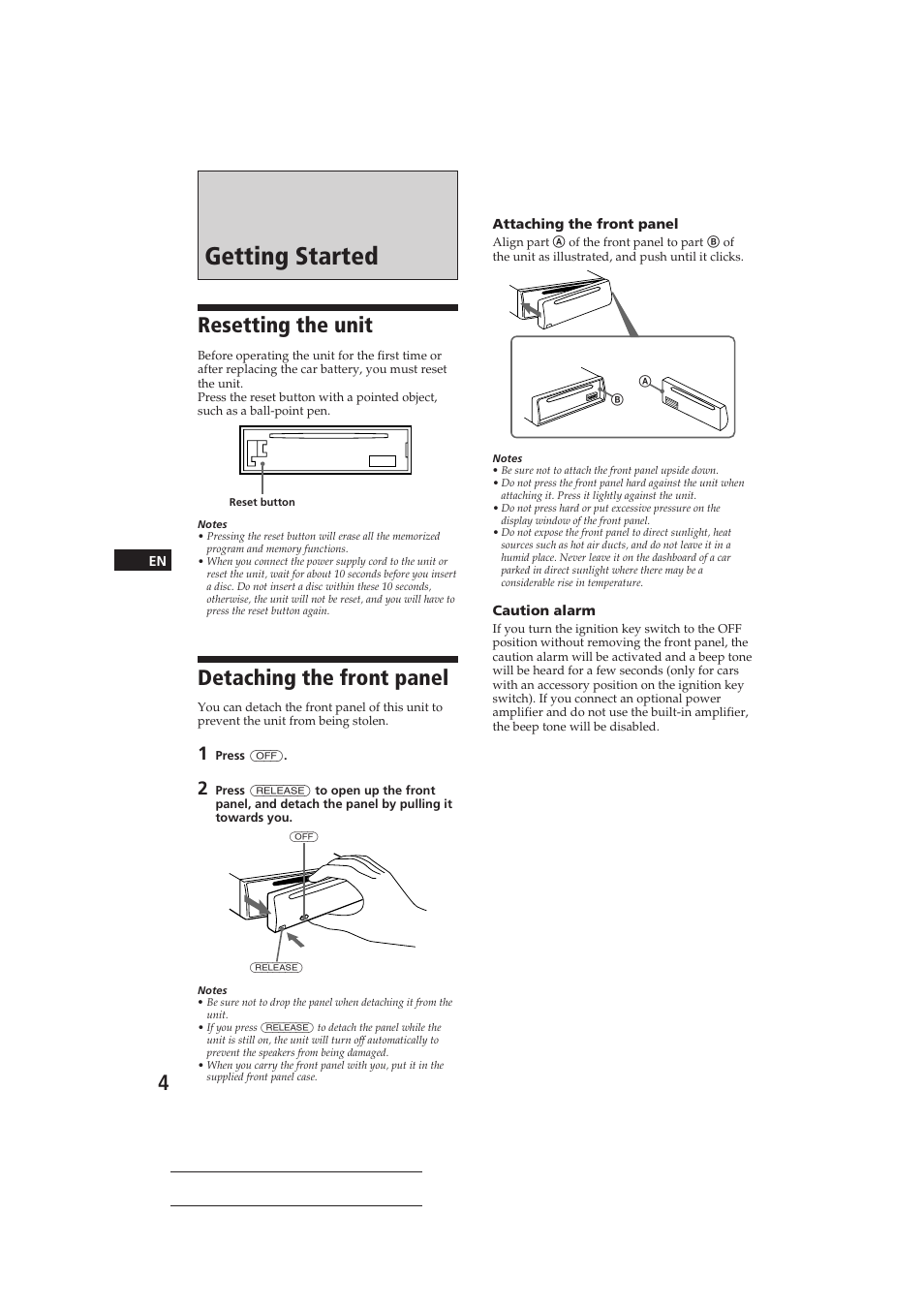 Getting started, Resetting the unit, Detaching the front panel | Sony CDX-4160 User Manual | Page 4 / 32