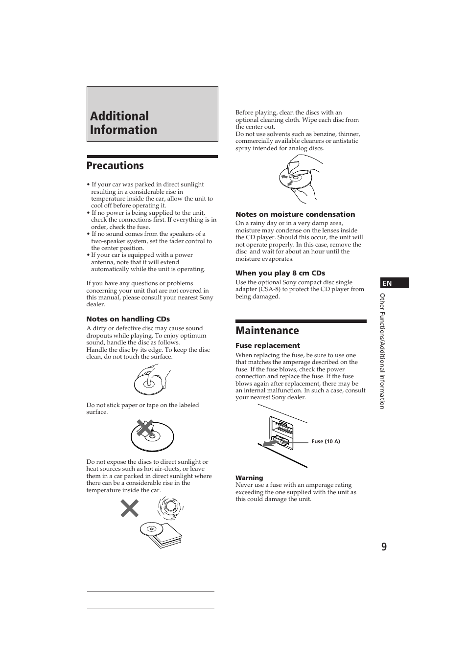 Additional information, Maintenance, Precautions | Sony CDX-4160 User Manual | Page 9 / 32