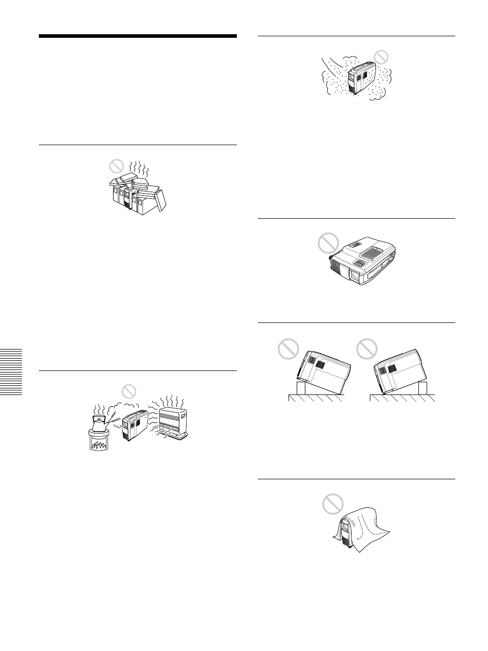 Tips for installation, Unsuitable installation, Notes on installation | Sony VPL-PX1 User Manual | Page 28 / 96
