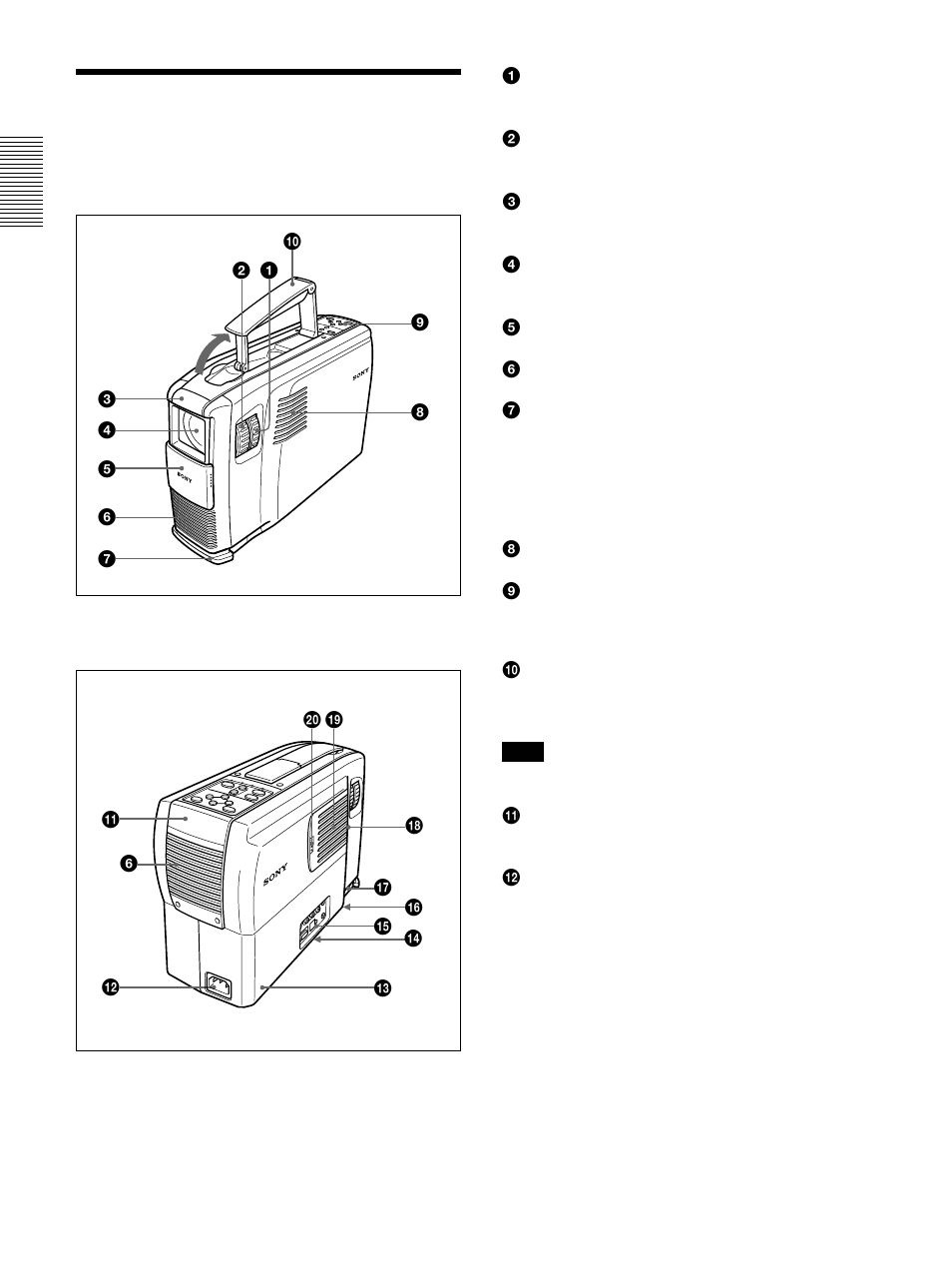 Ubicaci溶 y funci溶 de los controles, Parte frontal/izquierda, Parte posterior/derecha/inferior | Ubicación y función de los controles | Sony VPL-PX1 User Manual | Page 68 / 96