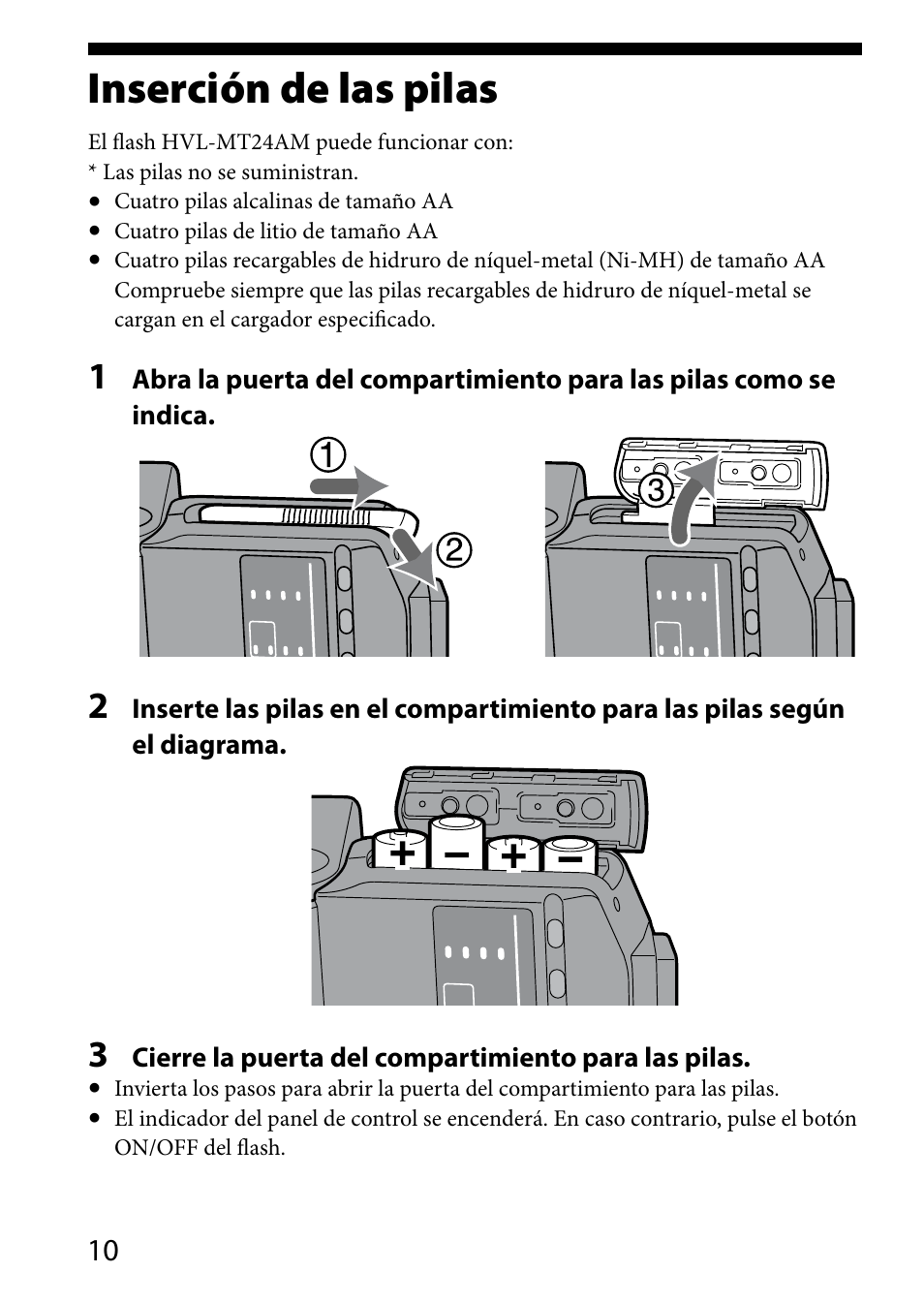 Inserción de las pilas | Sony HVL-MT24AM User Manual | Page 128 / 294