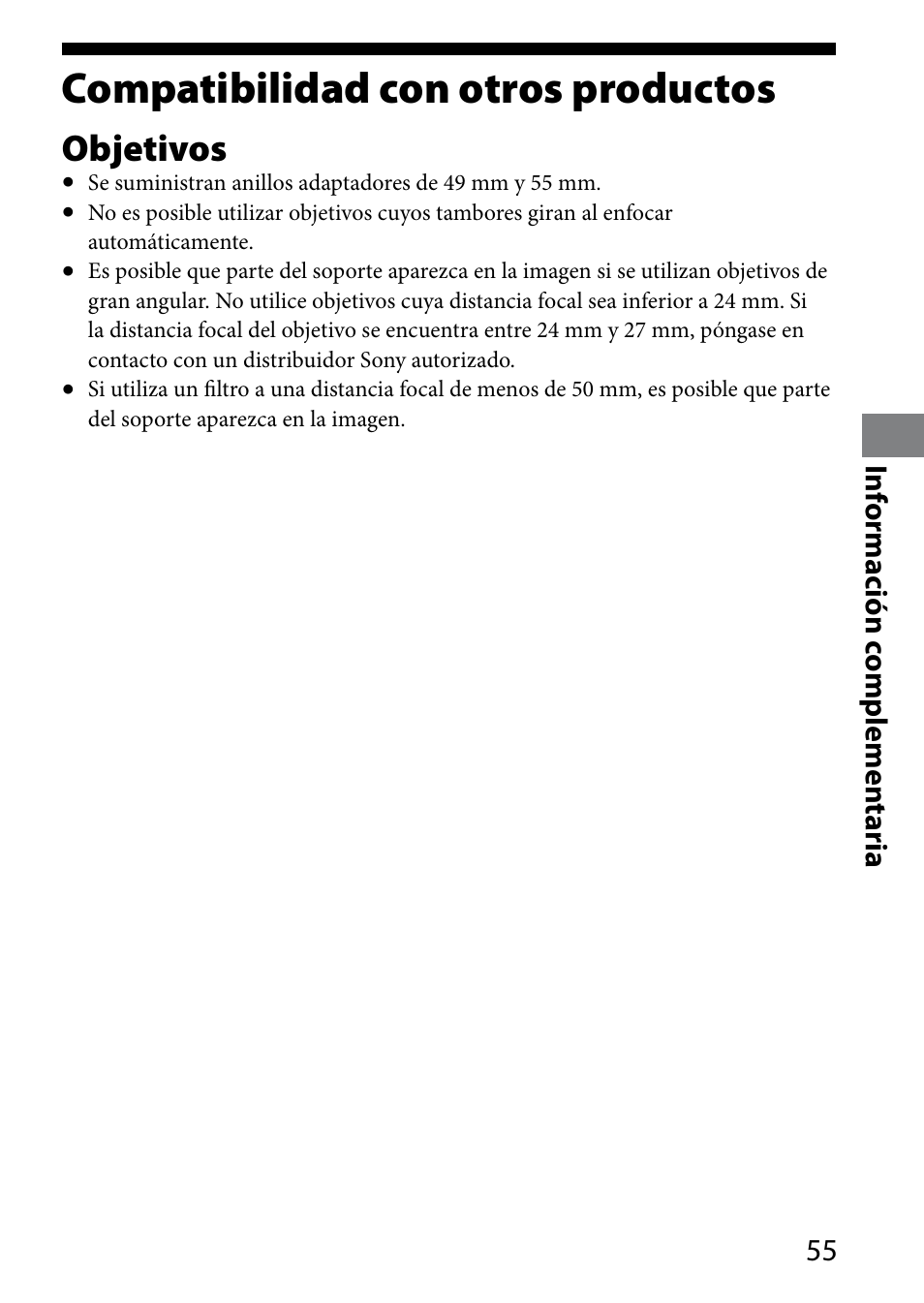 Compatibilidad con otros productos, Compatibilidad con otros, Productos | Objetivos, Inf ormación c omplemen taria | Sony HVL-MT24AM User Manual | Page 173 / 294