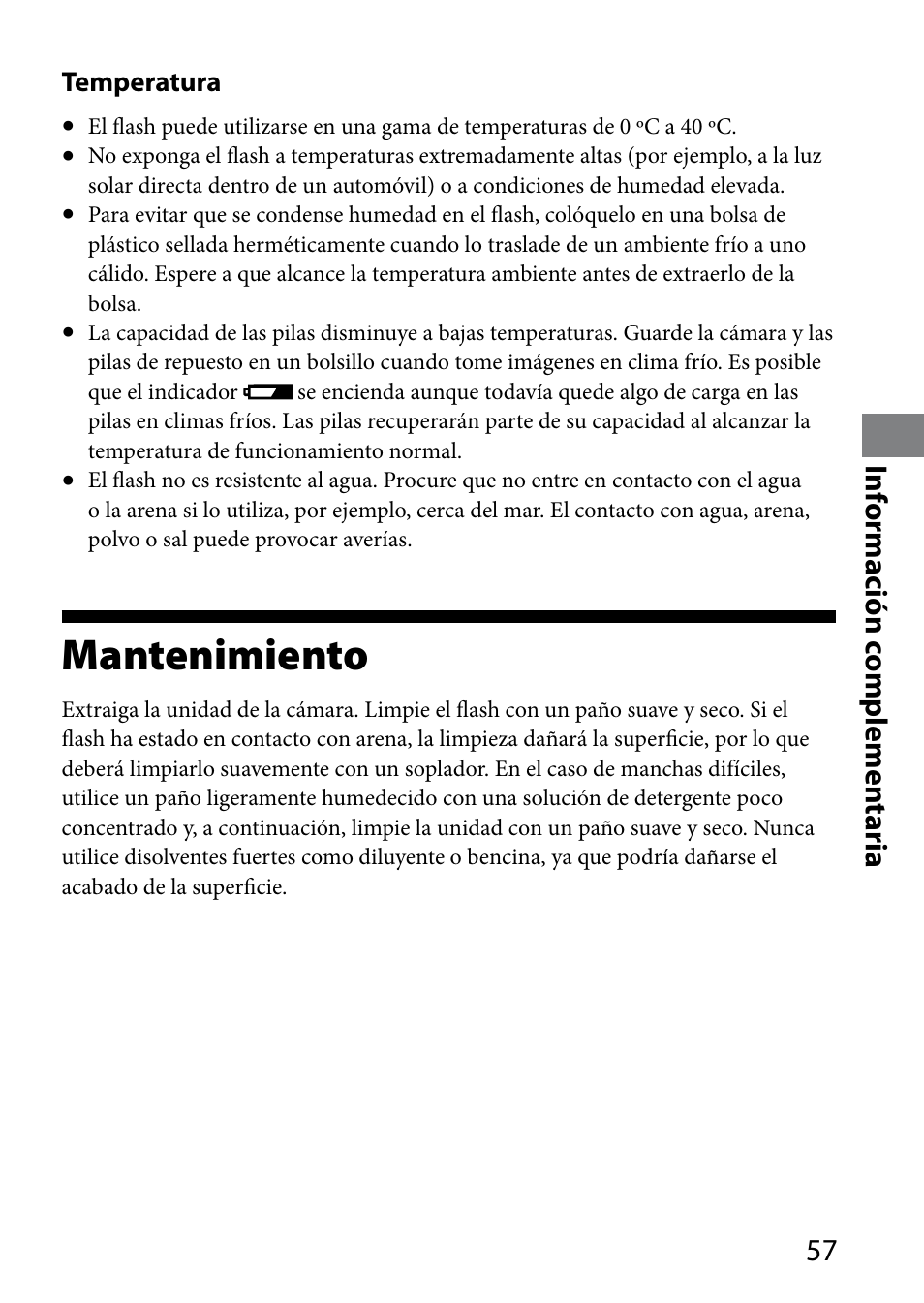 Mantenimiento, Inf ormación c omplemen taria | Sony HVL-MT24AM User Manual | Page 175 / 294