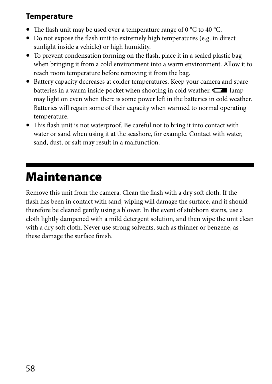 Maintenance, Temperature | Sony HVL-MT24AM User Manual | Page 58 / 294