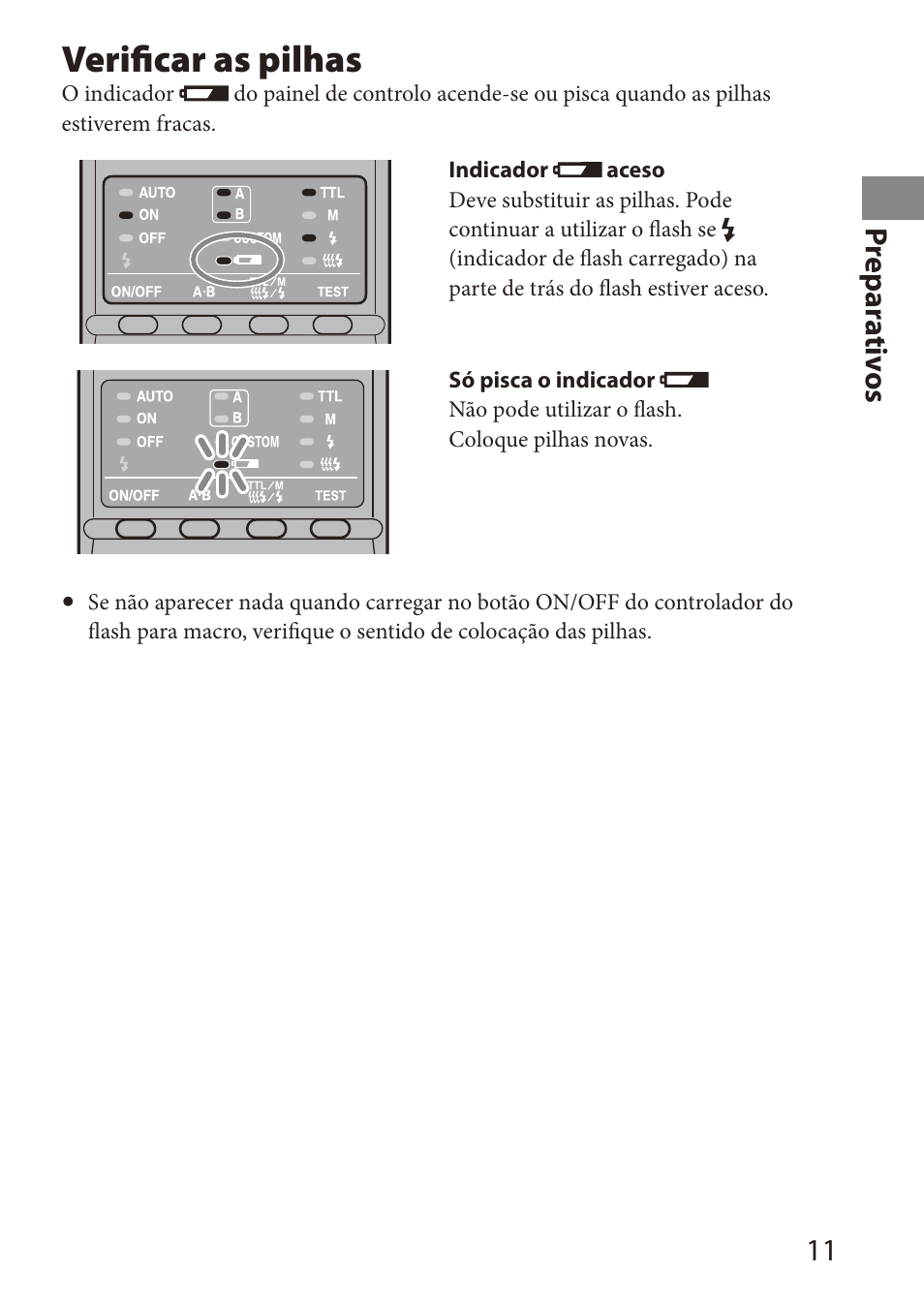 Verificar as pilhas, 11 pr epar ativ os | Sony HVL-MT24AM User Manual | Page 71 / 294