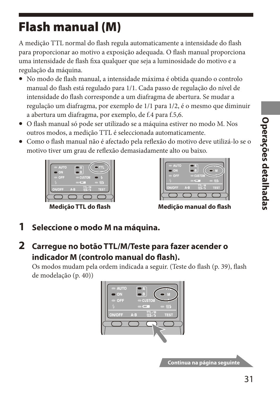 Flash manual (m), 1 o per aç ões detalhadas | Sony HVL-MT24AM User Manual | Page 91 / 294