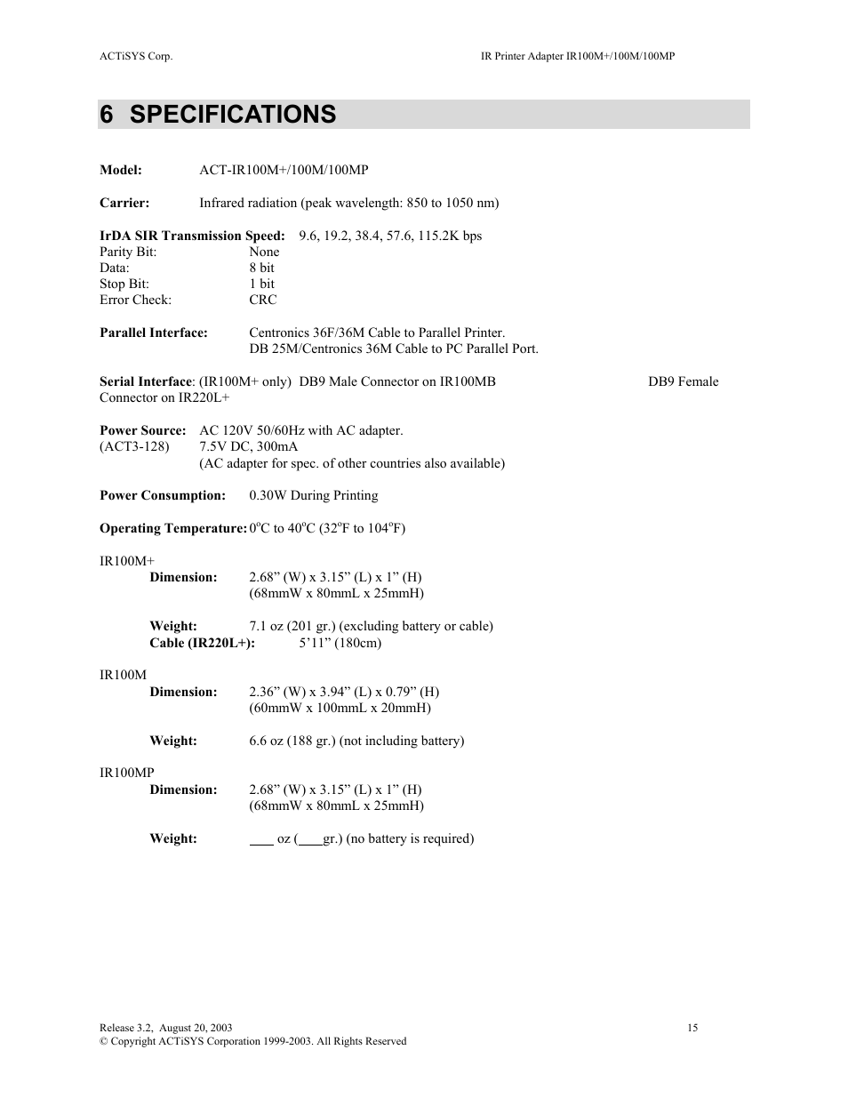 Specifications, 6 specifications | ACTiSYS ACT-IR100M User Manual | Page 15 / 18