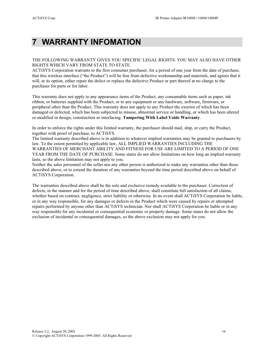 Warranty infomation, 7 warranty infomation | ACTiSYS ACT-IR100M User Manual | Page 16 / 18
