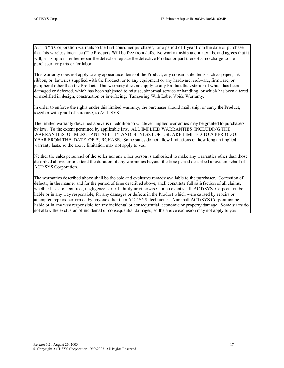 ACTiSYS ACT-IR100M User Manual | Page 17 / 18