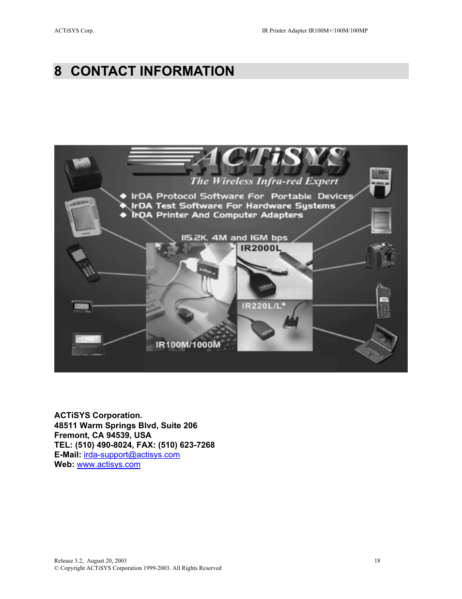 Contact information, 8 contact information | ACTiSYS ACT-IR100M User Manual | Page 18 / 18