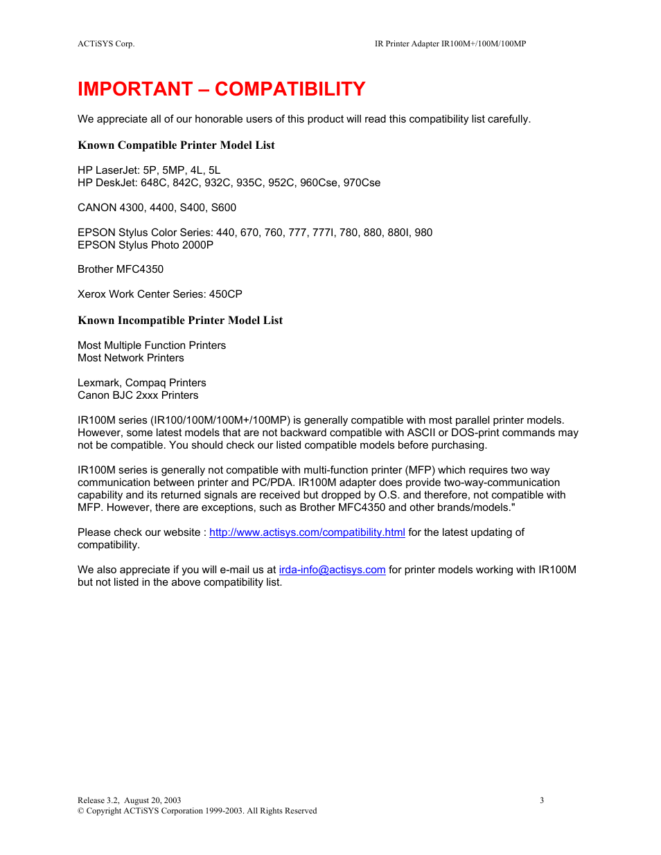 Important – compatibility | ACTiSYS ACT-IR100M User Manual | Page 3 / 18