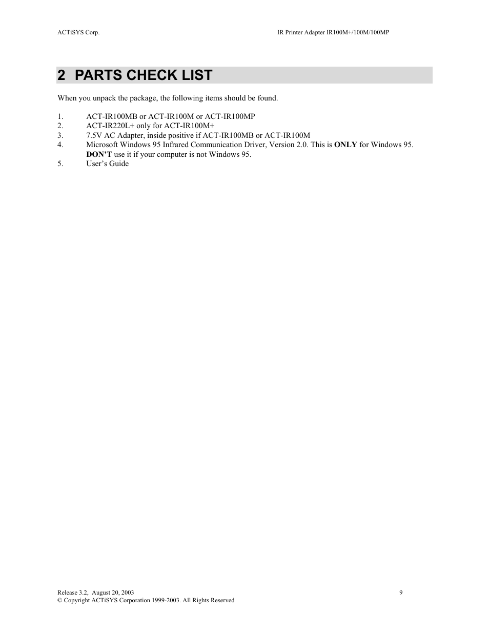 Parts check list, 2 parts check list | ACTiSYS ACT-IR100M User Manual | Page 9 / 18