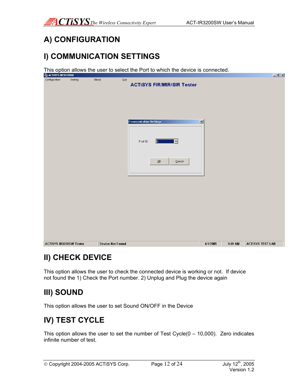 A) configuration, I) communication settings, Ii) check device | Iii) sound, Iv) test cycle | ACTiSYS ACT-IR3200SW User Manual | Page 12 / 24