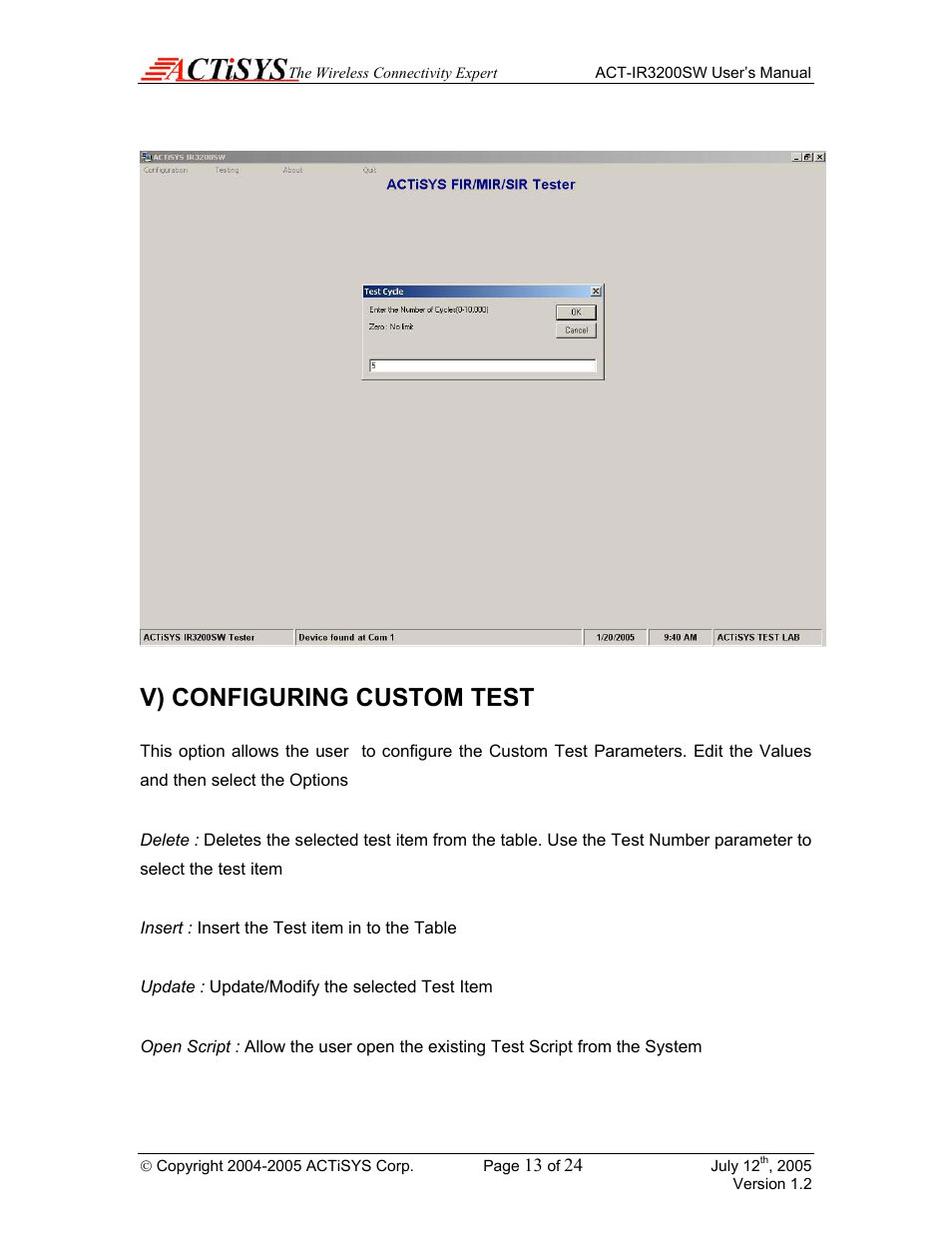 V) configuring custom test | ACTiSYS ACT-IR3200SW User Manual | Page 13 / 24