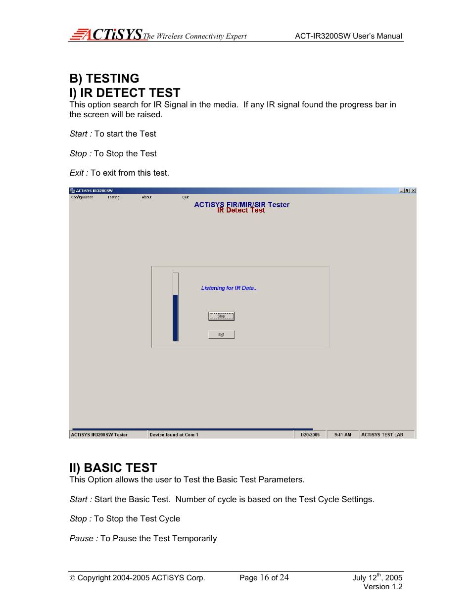 B) testing, I) ir detect test, Ii) basic test | B) testing i) ir detect test | ACTiSYS ACT-IR3200SW User Manual | Page 16 / 24