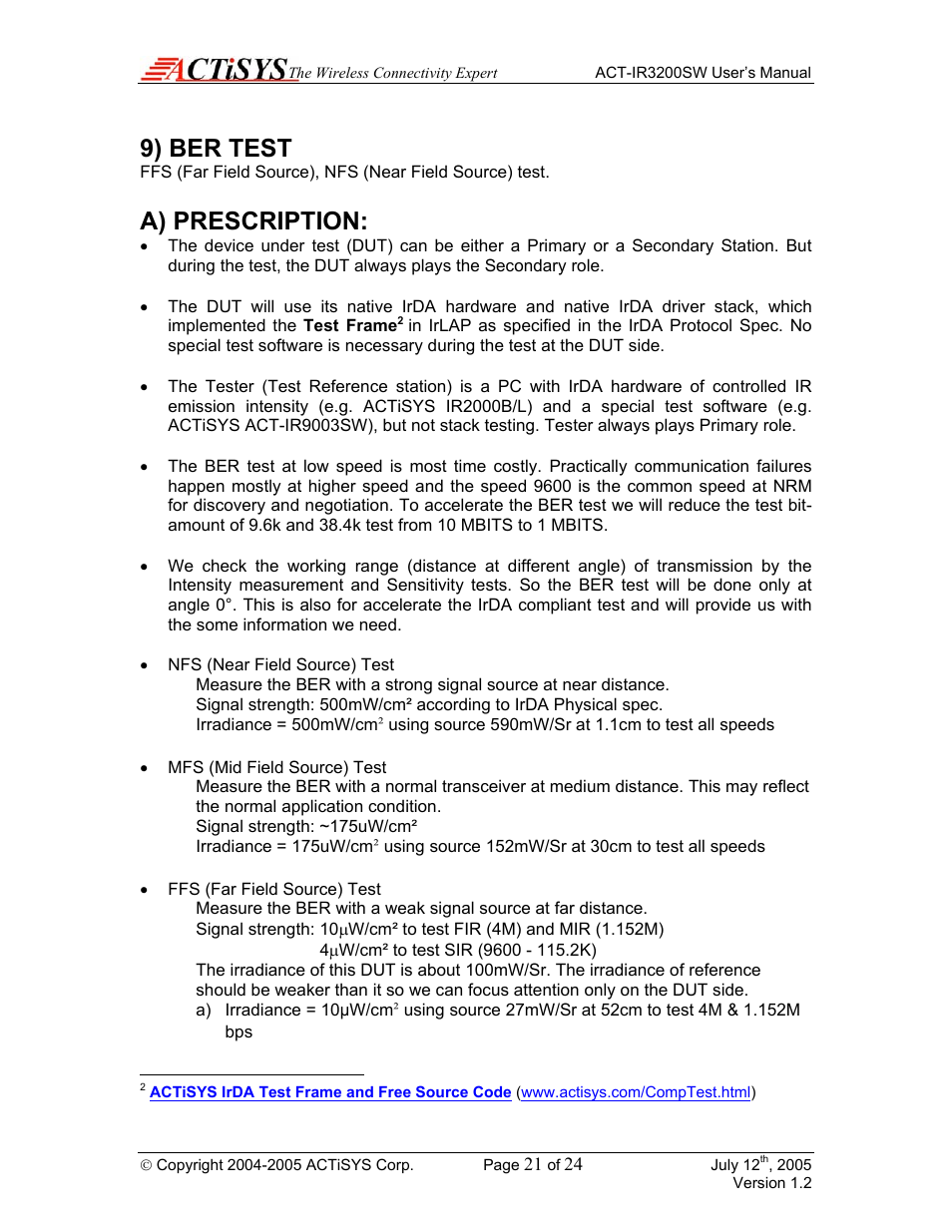 9) ber test, A) prescription | ACTiSYS ACT-IR3200SW User Manual | Page 21 / 24