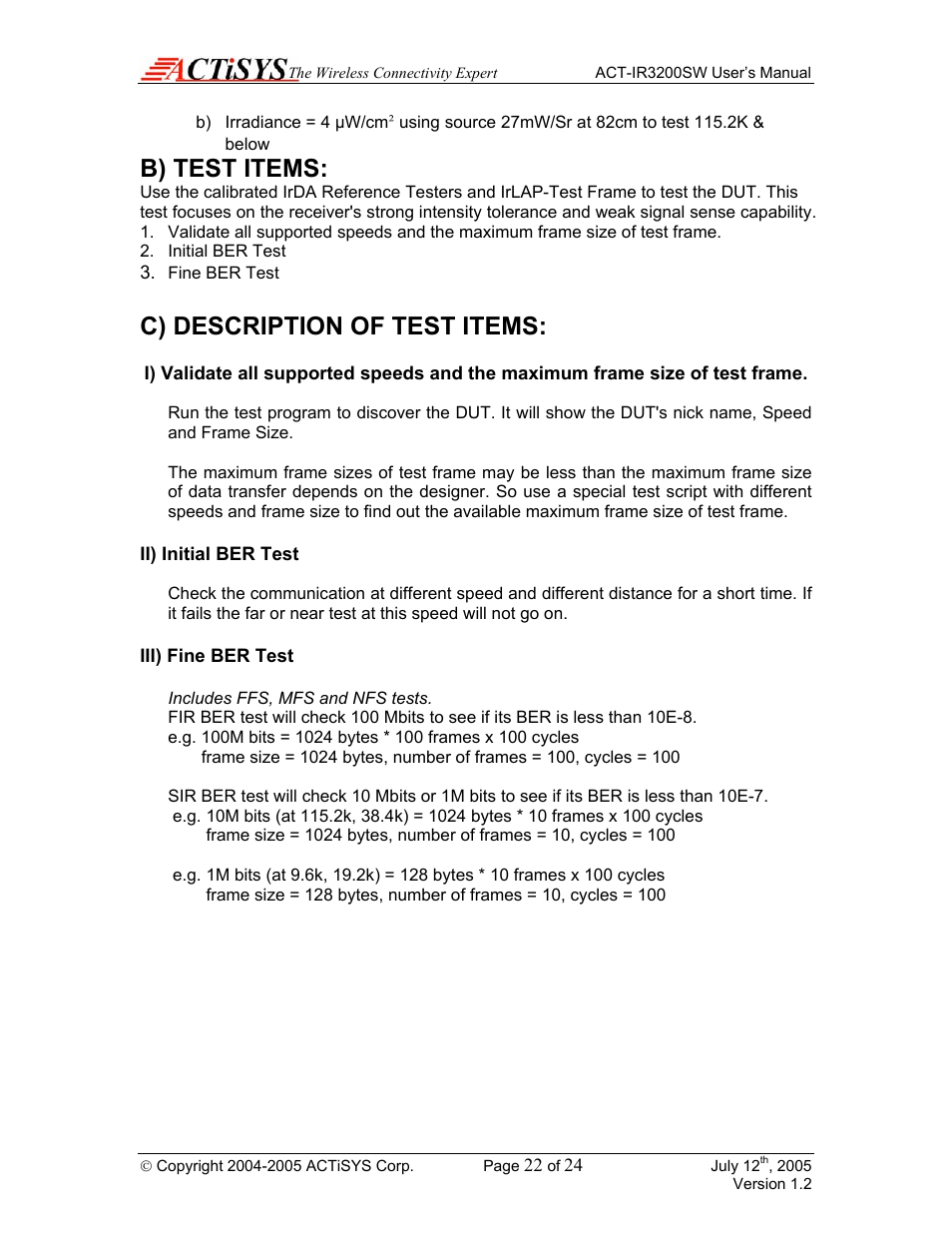 B) test items, C) description of test items, Ii) initial ber test | Iii) fine ber test | ACTiSYS ACT-IR3200SW User Manual | Page 22 / 24