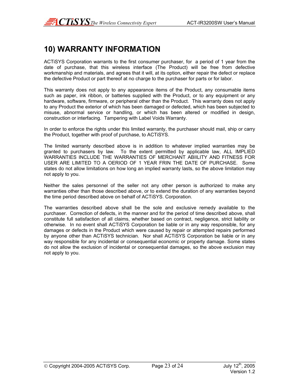 10) warranty information | ACTiSYS ACT-IR3200SW User Manual | Page 23 / 24