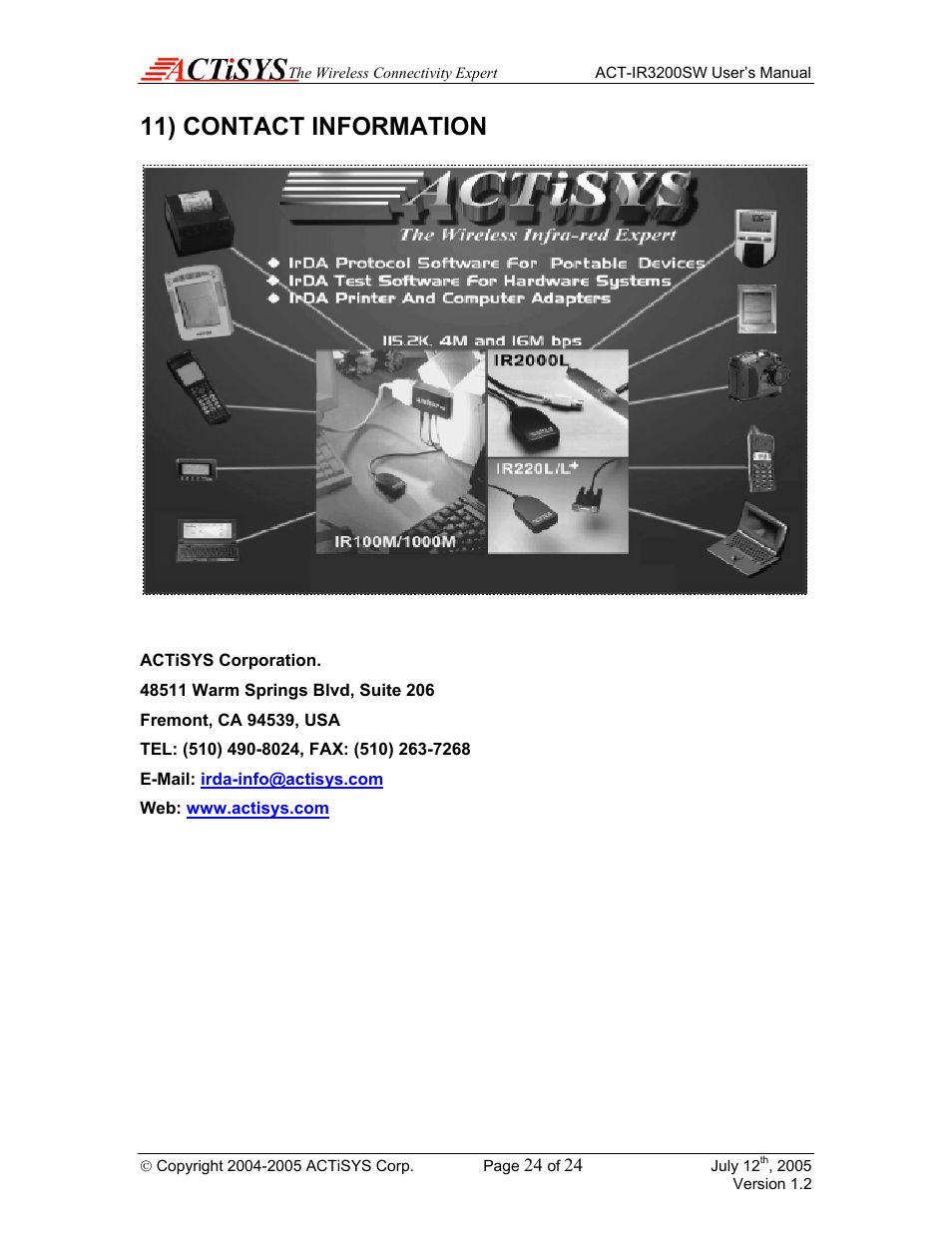 11) contact information | ACTiSYS ACT-IR3200SW User Manual | Page 24 / 24