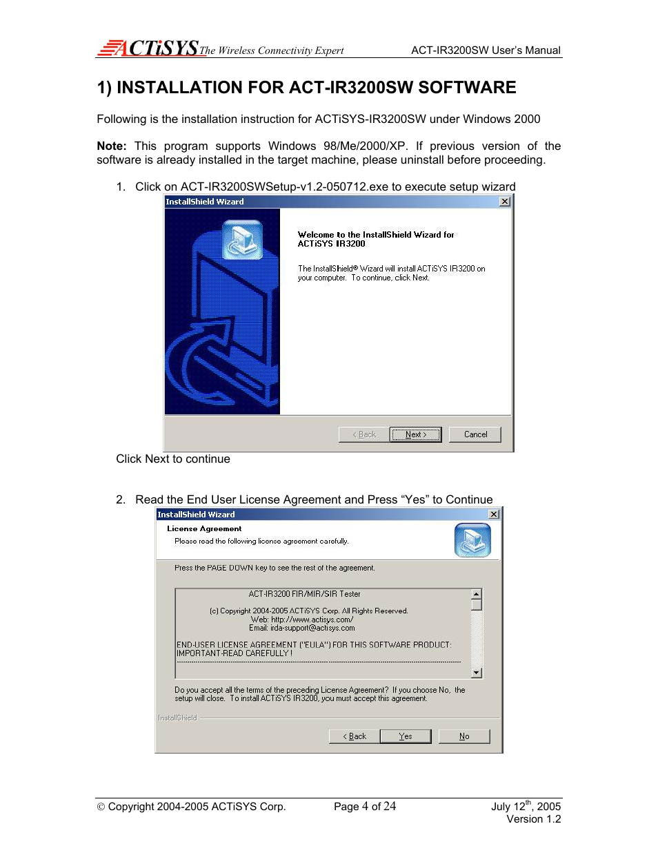 1) installation for act-ir3200sw software | ACTiSYS ACT-IR3200SW User Manual | Page 4 / 24
