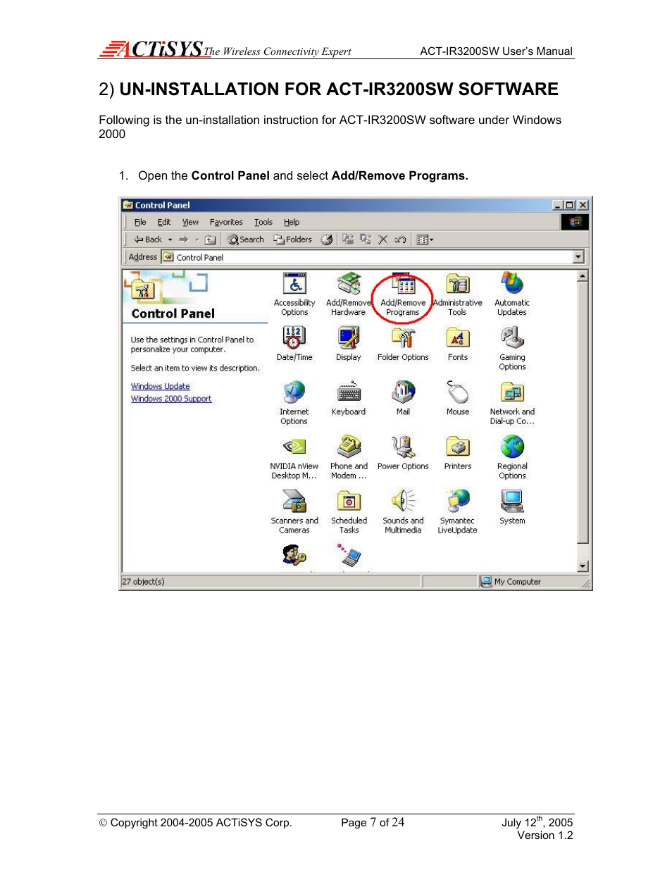 2) un-installation for act-ir3200sw software | ACTiSYS ACT-IR3200SW User Manual | Page 7 / 24