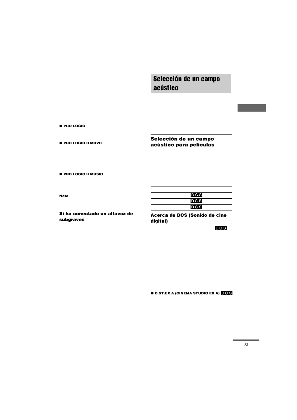 Selección de un campo acústico | Sony STR-LV500 User Manual | Page 53 / 72