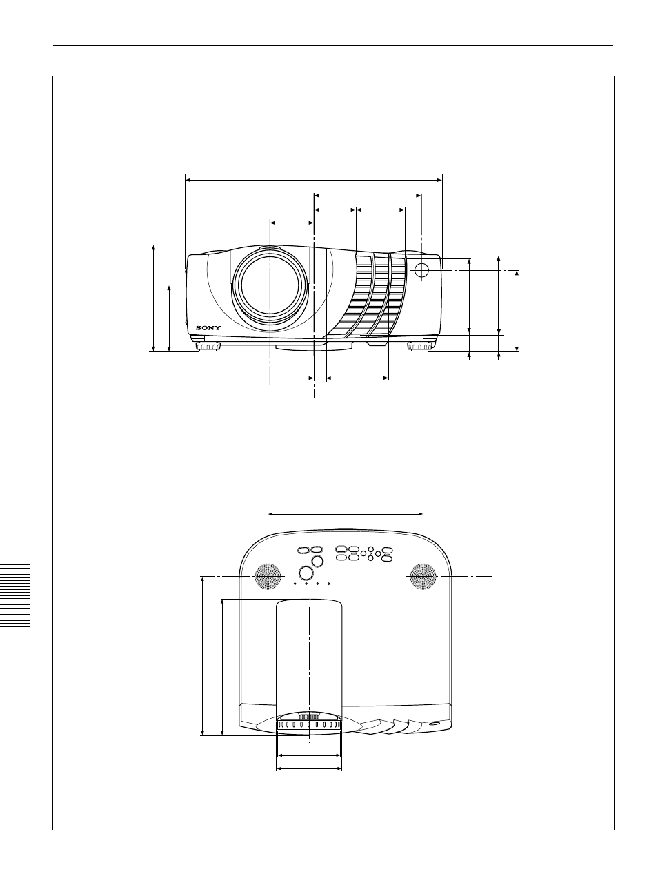Dimensiones, Parte frontal, Parte superior | Sony VPL-PX30 User Manual | Page 120 / 124