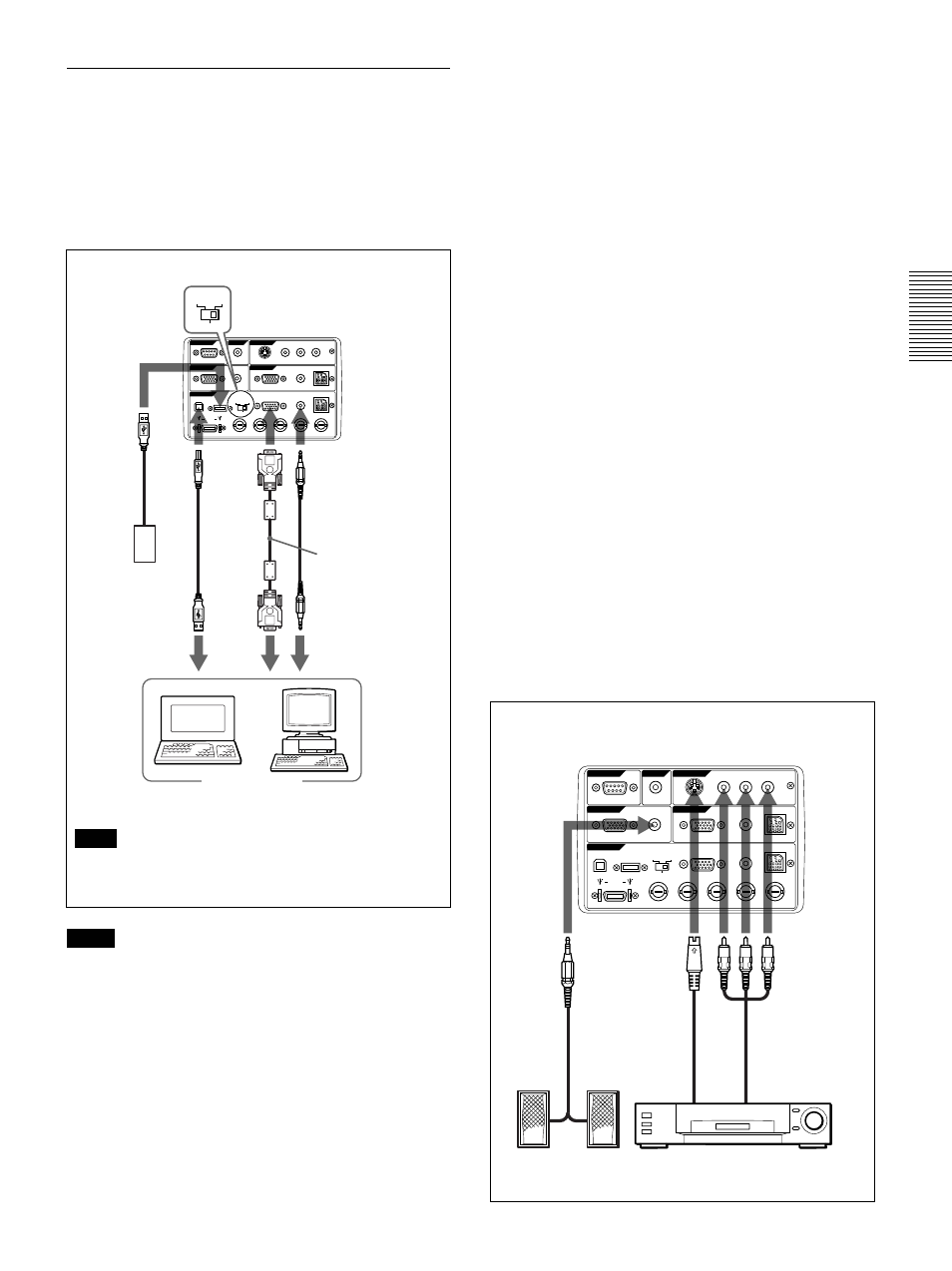 Connecting with a vcr/15k rgb/component equipment, Connecting with a vcr/15k rgb/ component equipment, Using usb equipment (e.g., usb mouse) | Connecting | Sony VPL-PX30 User Manual | Page 17 / 124