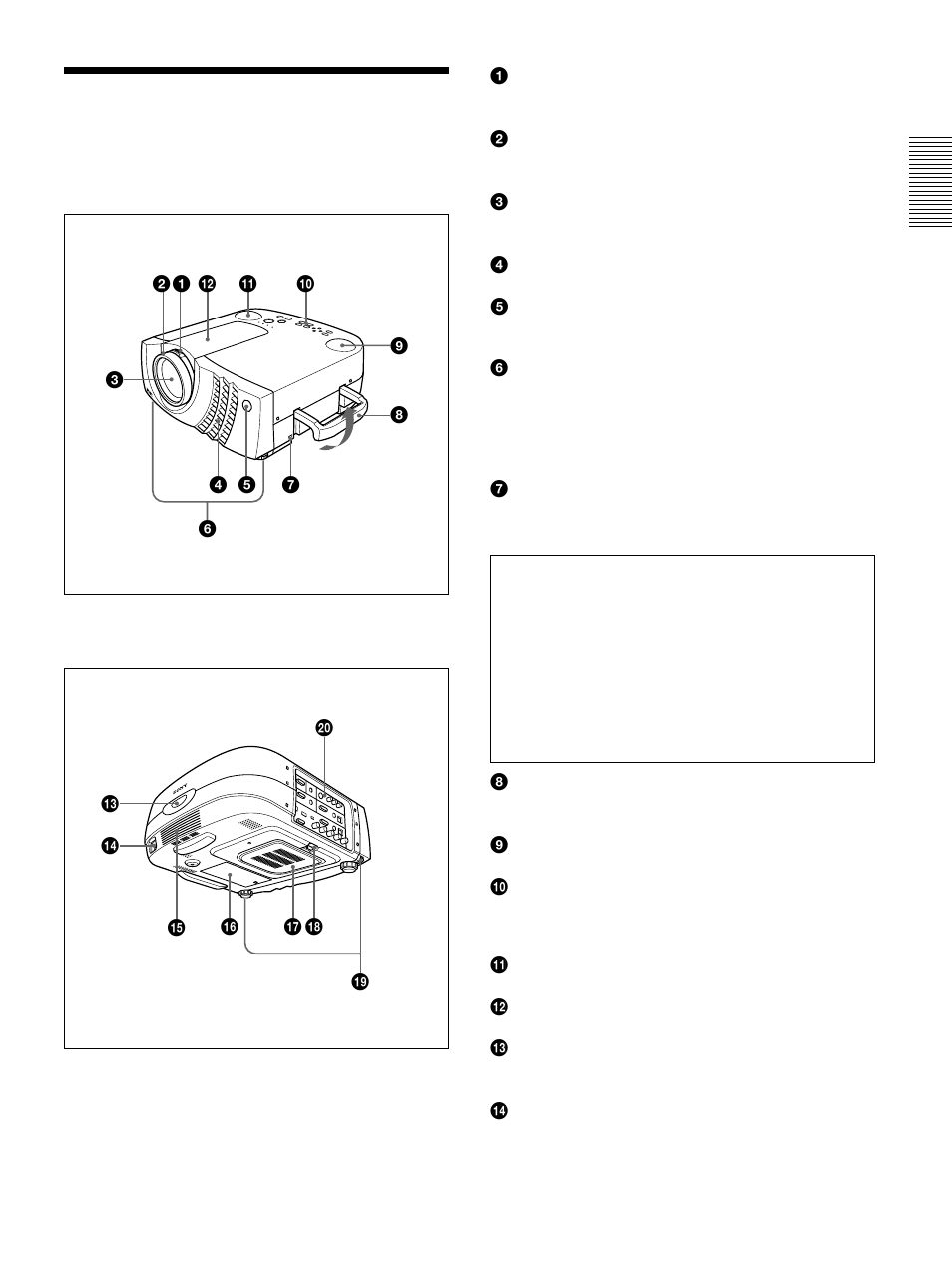 Emplacement et fonction des commandes, Avant/c冲仕gauche, Arri俊e/c冲仕droit/dessous | Avant/côté gauche, Arrière/côté droit/dessous | Sony VPL-PX30 User Manual | Page 49 / 124