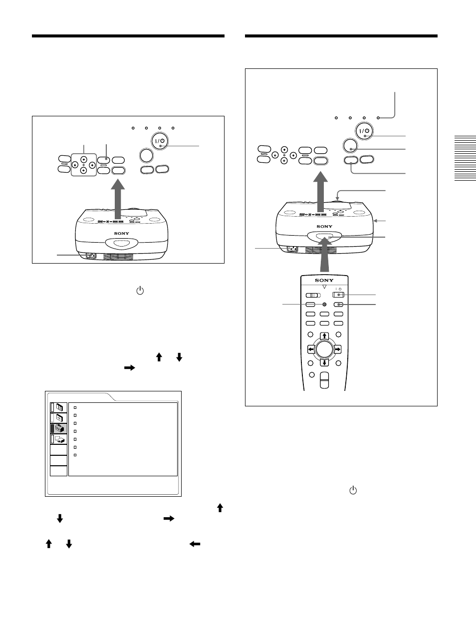 S四ection de la langue dﾕaffichage des menus, Projection, Sélection de la langue d’affichage des menus | Introduisez la fiche secteur dans la prise murale | Sony VPL-PX30 User Manual | Page 59 / 124