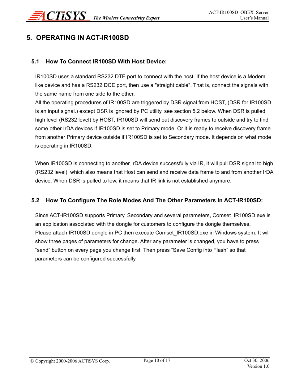 Operating in act-ir100sd, 1how to connect ir100sd with host device, 1 how | Connect, Ir100sd, With host device | ACTiSYS ACT-IR100SD User Manual | Page 10 / 17