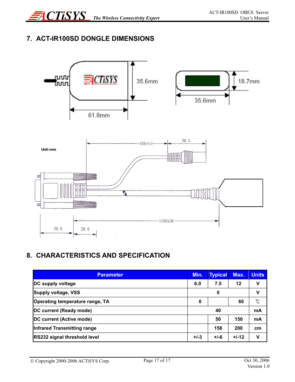 Act-ir100sd dongle dimensions, Characteristics and specification | ACTiSYS ACT-IR100SD User Manual | Page 17 / 17