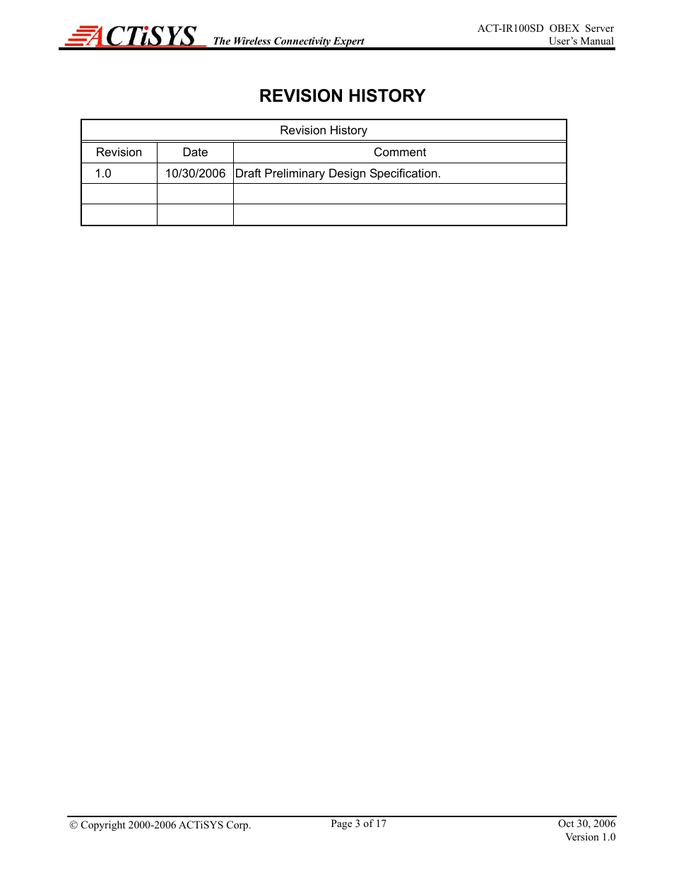 Revision history | ACTiSYS ACT-IR100SD User Manual | Page 3 / 17