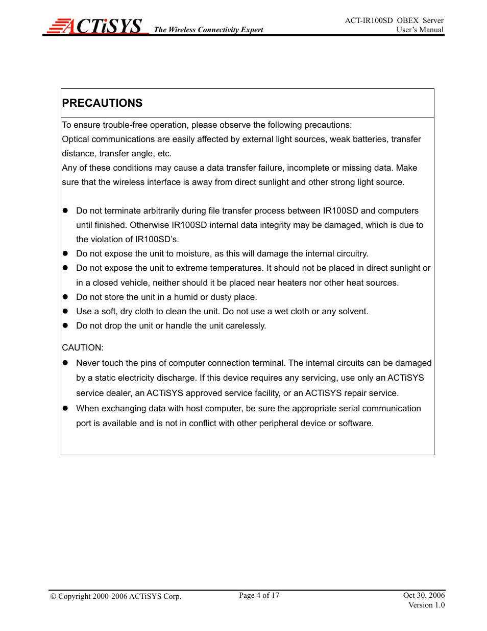 Precautions | ACTiSYS ACT-IR100SD User Manual | Page 4 / 17