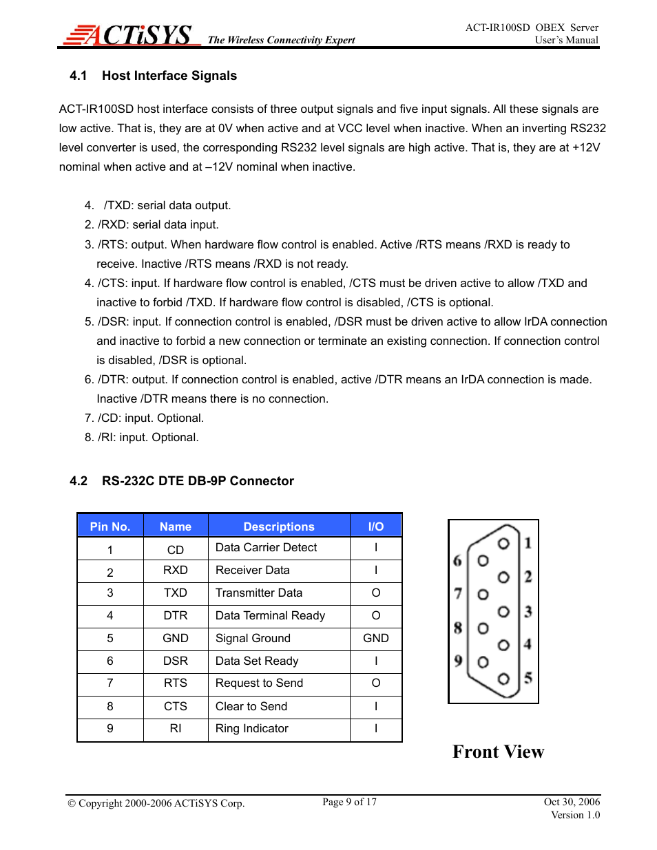 1host interface signals, 2rs-232c dte db-9p connector, Front view | ACTiSYS ACT-IR100SD User Manual | Page 9 / 17
