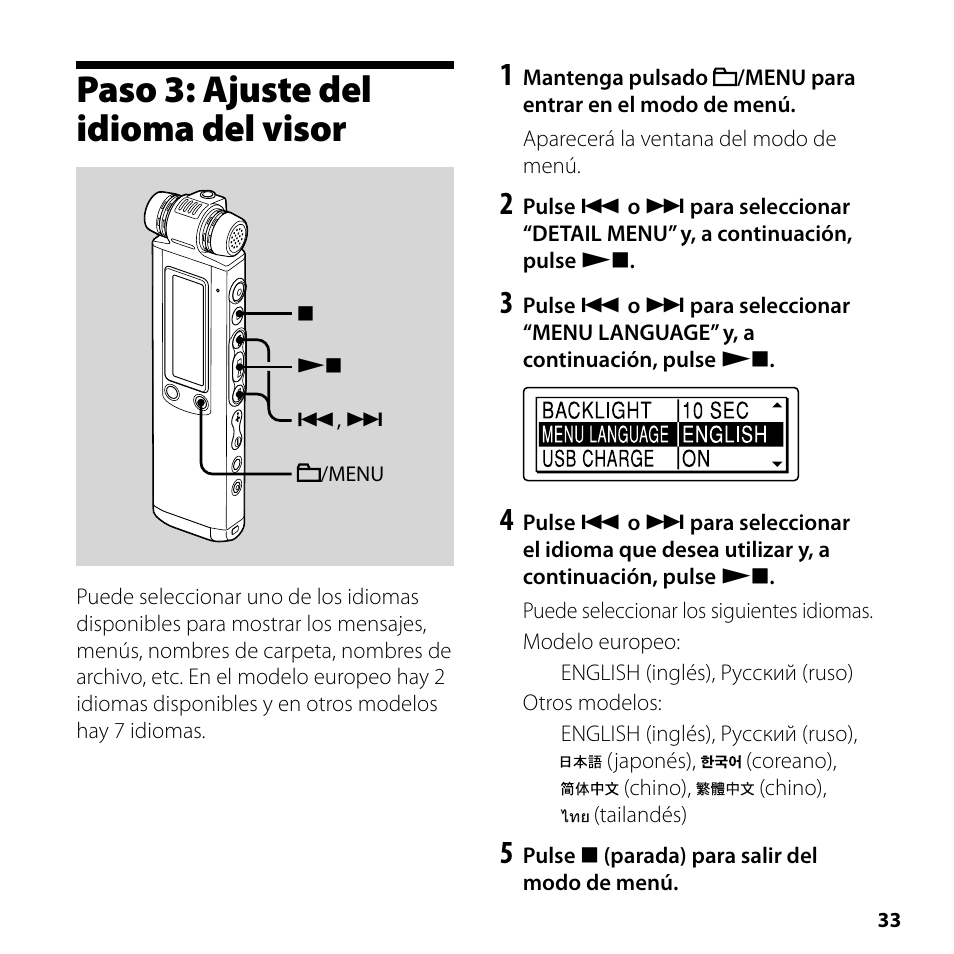 Paso 3: ajuste del idioma del visor | Sony ICD-SX700 User Manual | Page 33 / 56