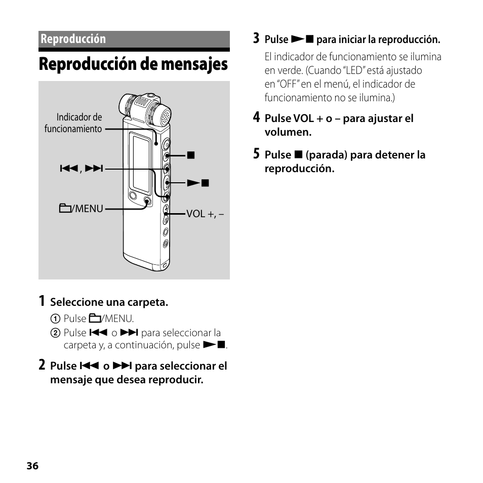 Reproducción, Reproducción de mensajes | Sony ICD-SX700 User Manual | Page 36 / 56