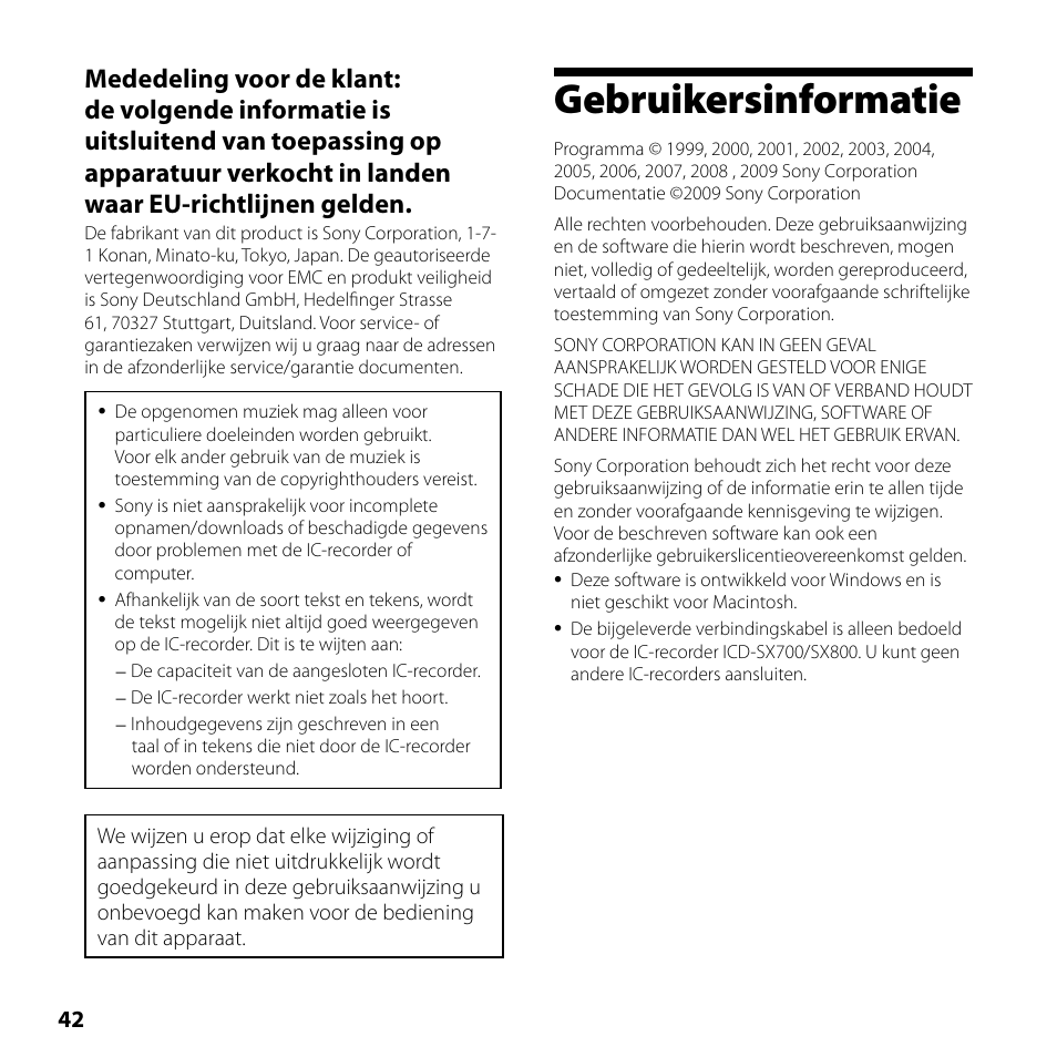 Gebruikersinformatie | Sony ICD-SX700 User Manual | Page 42 / 56