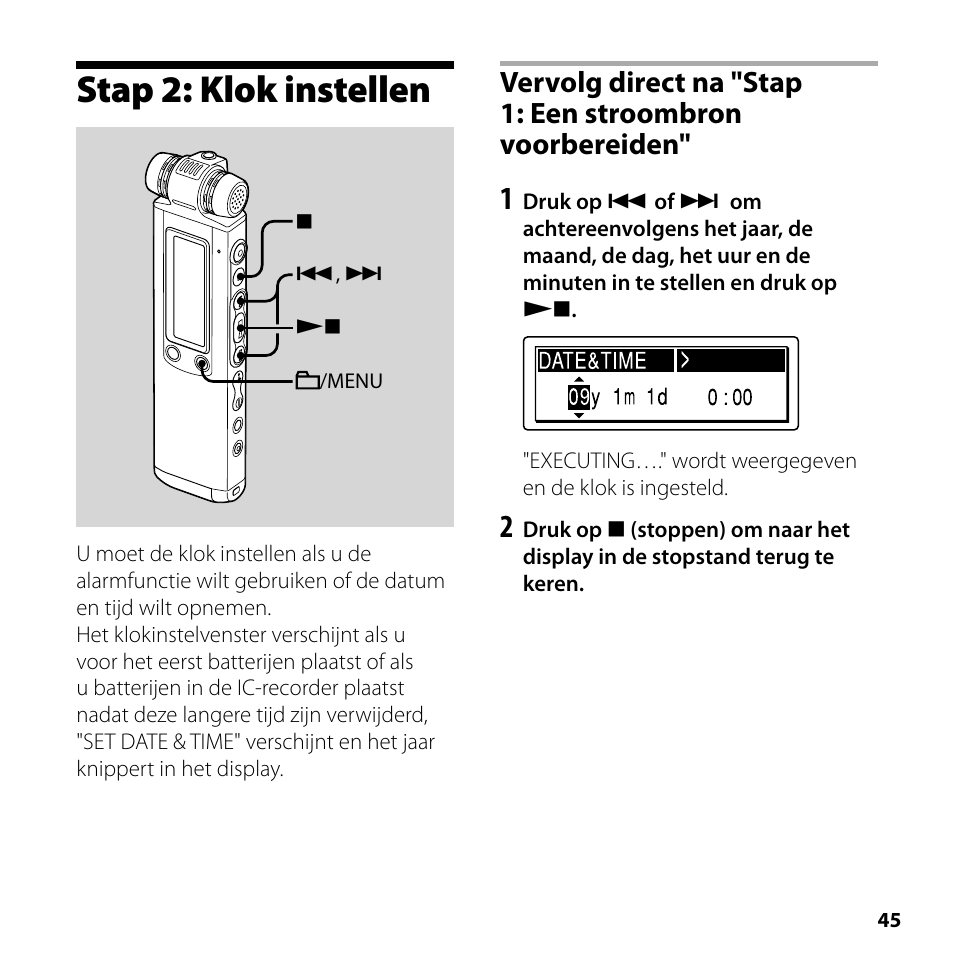 Stap 2: klok instellen | Sony ICD-SX700 User Manual | Page 45 / 56