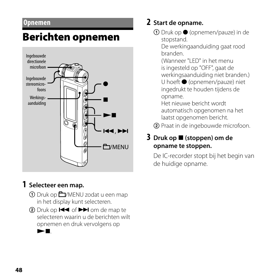 Opnemen, Berichten opnemen | Sony ICD-SX700 User Manual | Page 48 / 56