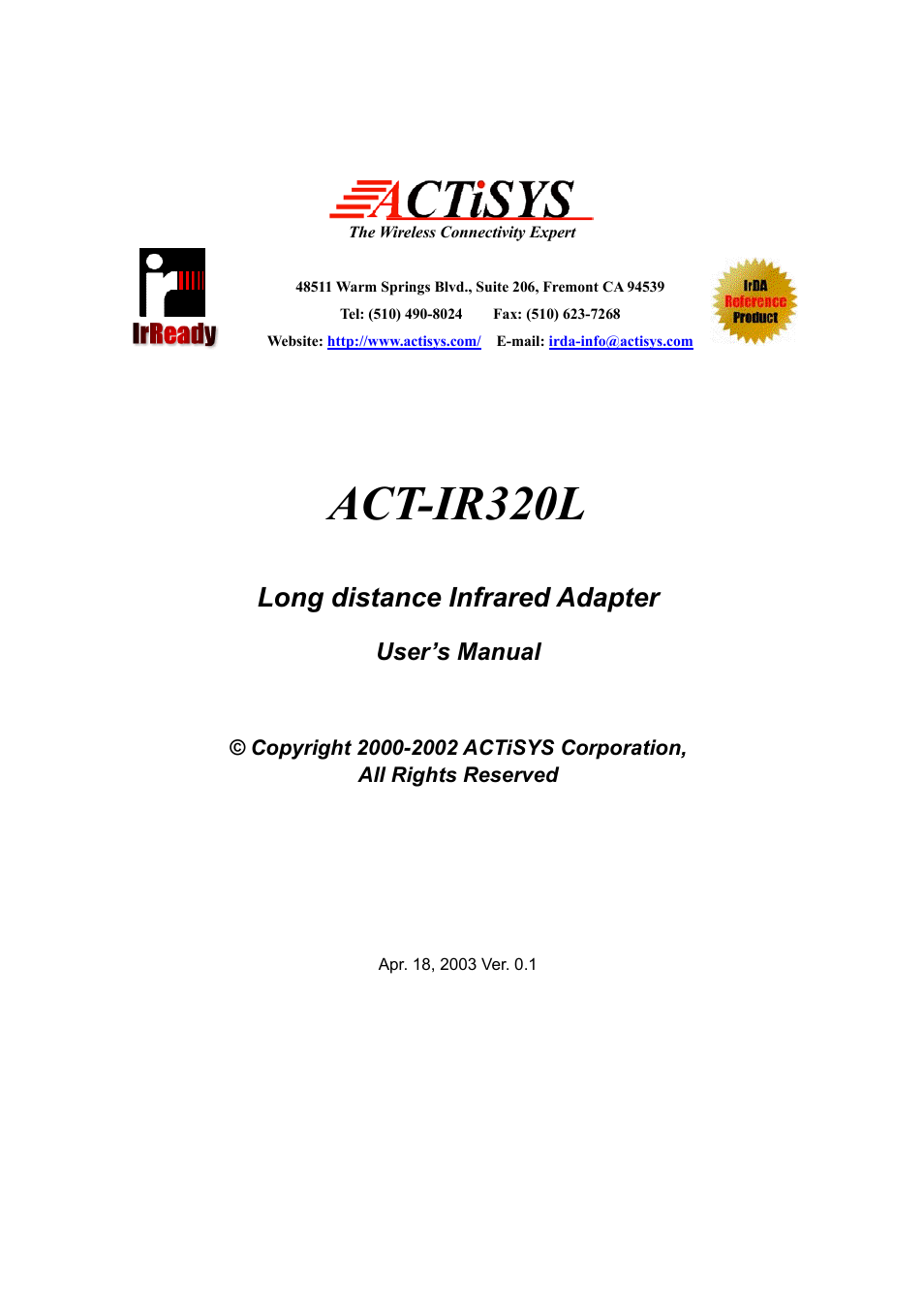 ACTiSYS ACT-IR320L User Manual | 7 pages