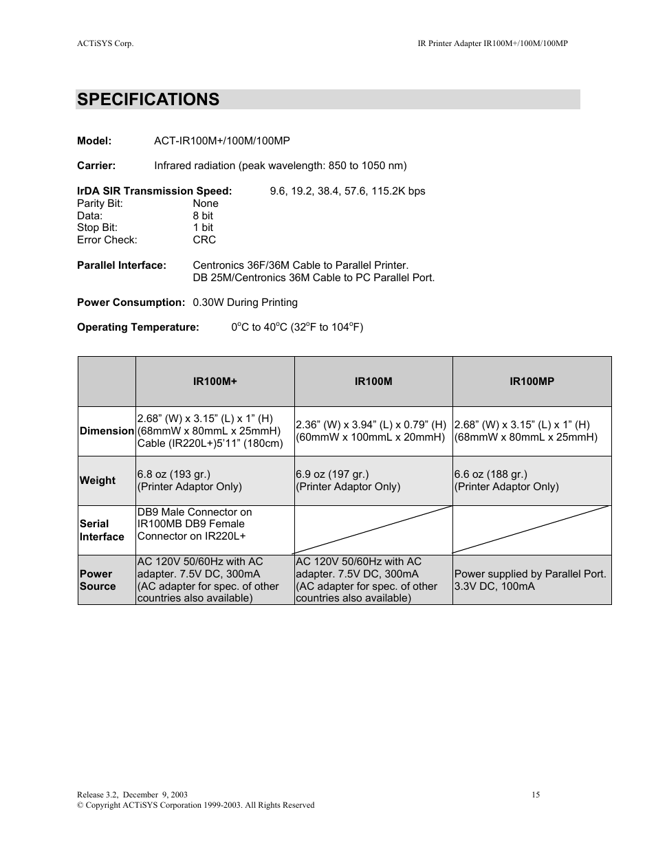 Specifications | ACTiSYS ACT-IR100M User Manual | Page 15 / 17