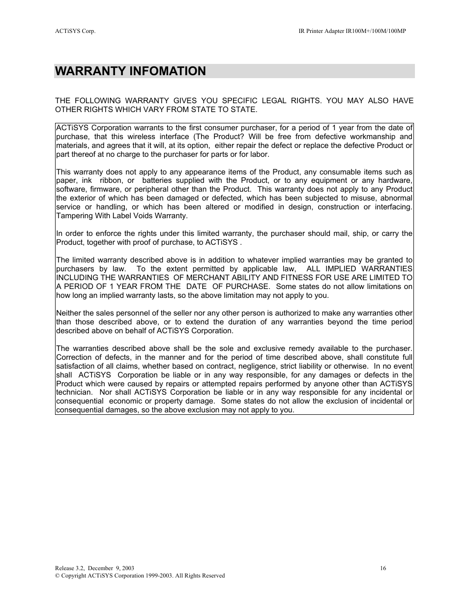 Warranty infomation | ACTiSYS ACT-IR100M User Manual | Page 16 / 17