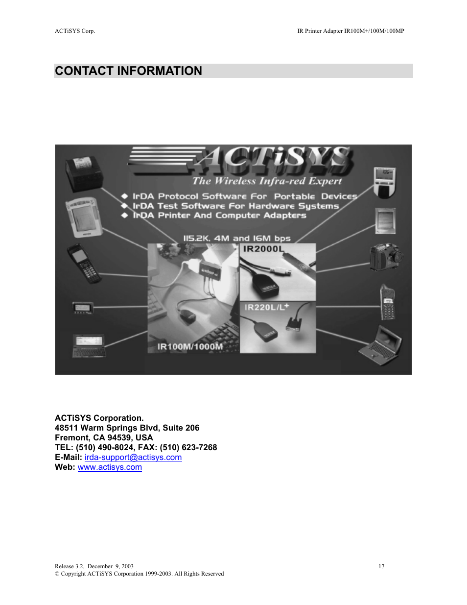 Contact information | ACTiSYS ACT-IR100M User Manual | Page 17 / 17