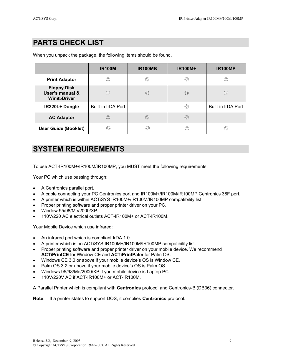 Parts check list, System requirements | ACTiSYS ACT-IR100M User Manual | Page 9 / 17