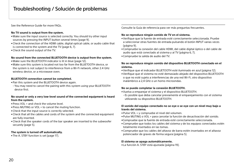 Troubleshooting / solución de problemas | Sony HT-ST3 User Manual | Page 20 / 24