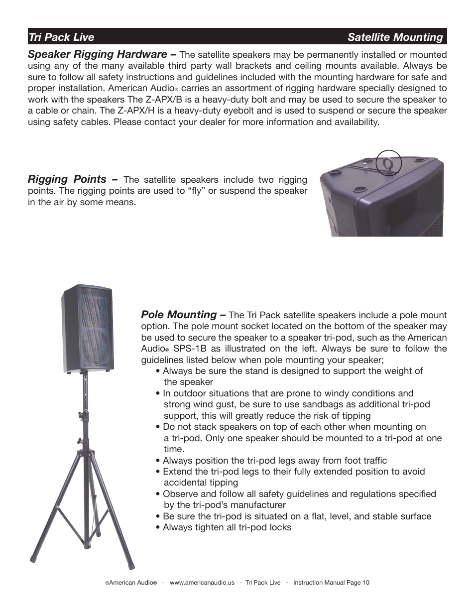 Tri pack live satellite mounting pole mounting, Speaker rigging hardware, Rigging points | American Audio Tri Pack Live User Manual | Page 10 / 14