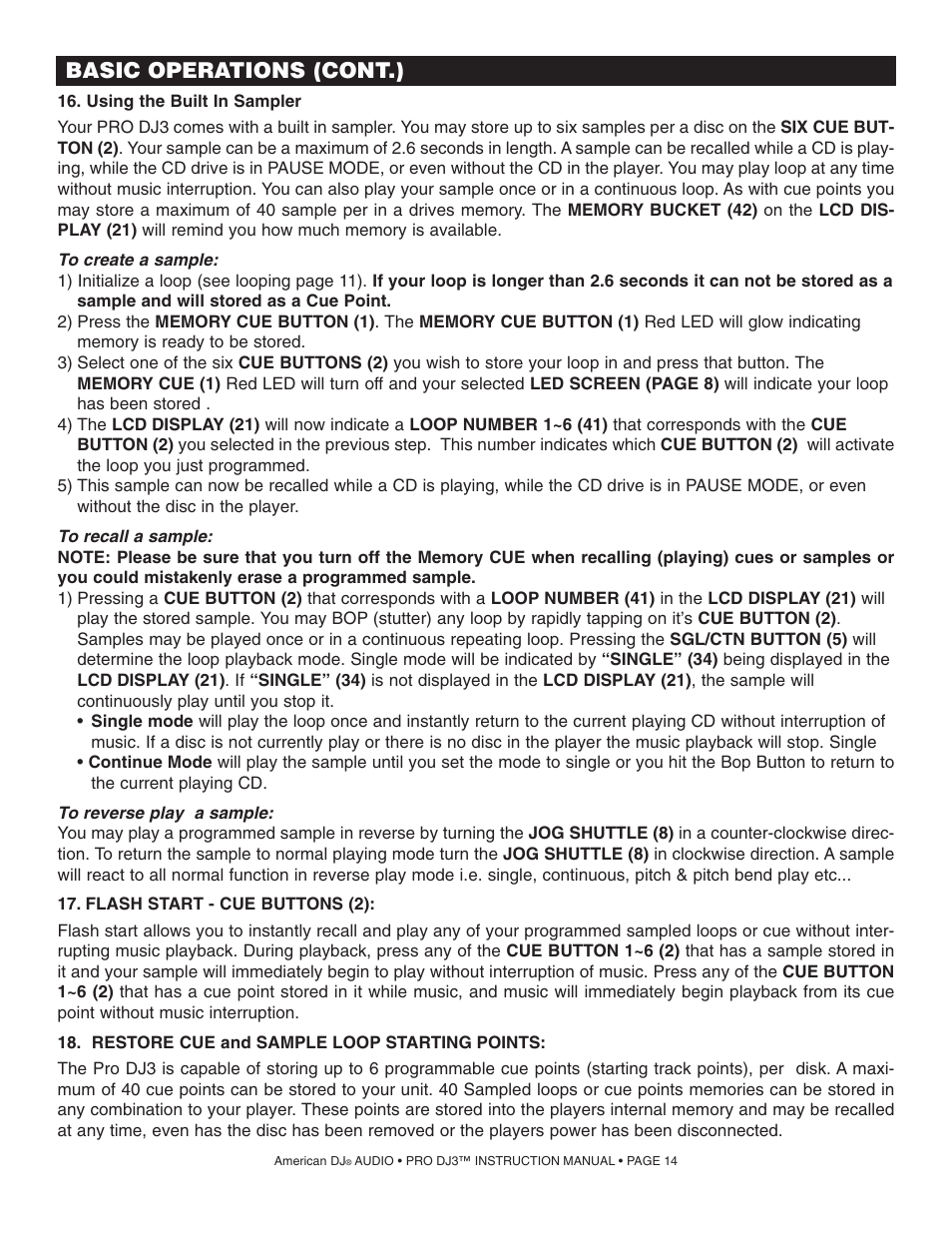 Basic operations (cont.) | American Audio PRO DJ 3 User Manual | Page 14 / 17