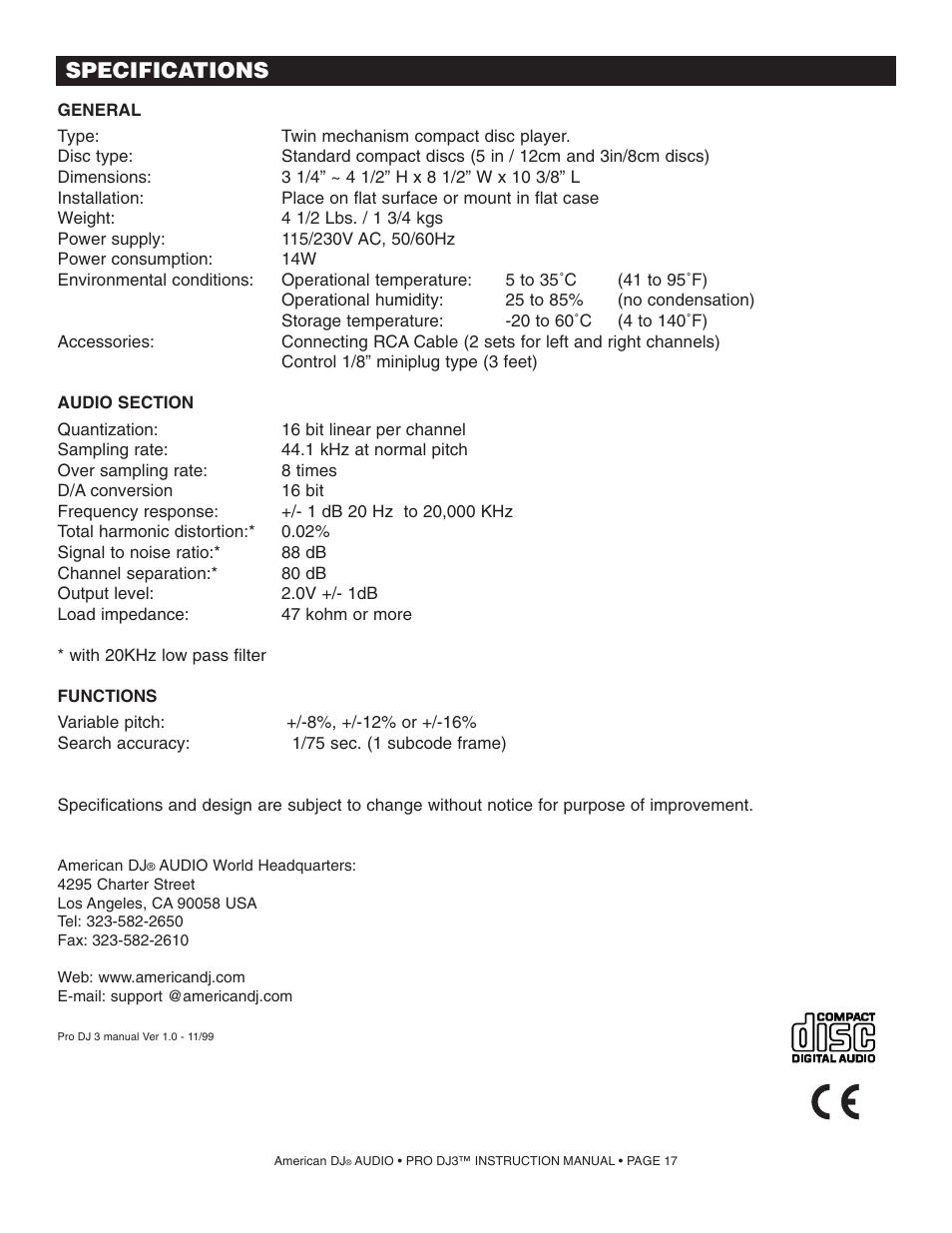 Specifications | American Audio PRO DJ 3 User Manual | Page 17 / 17